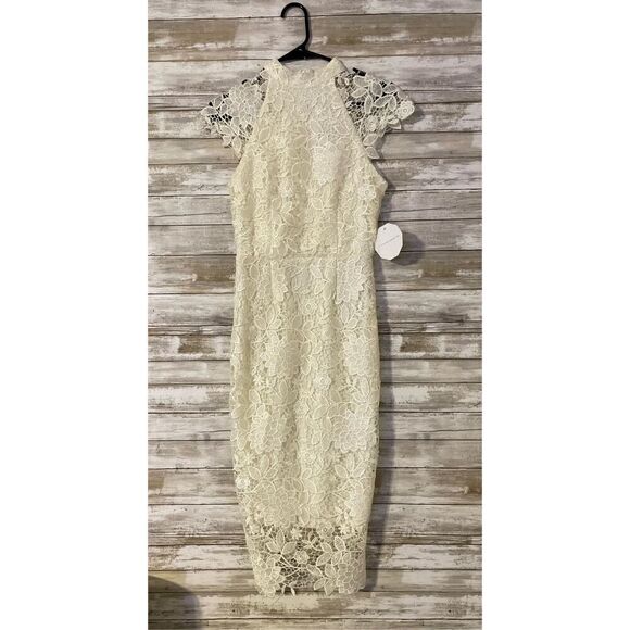 Paper Dolls White Ivory Lace Midi Overlay Pencil Dress 4 NWT HighNeck CapSleeve​ - Picture 1 of 10